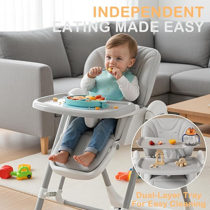 3-in-1 High Chairs for Babies and Toddlers, Foldable Baby High Chair with Rocking Mode, 5 Height Levels, Adjustable Backrest & Footrest, Lockable Wheels (Grey)
