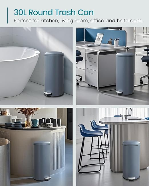 8 Gallon Trash Can, Stainless Steel Garbage Can with Soft Close Lid, Removal Liner, Pedal Trash Can Round Tall Trash bin for Kitchen, Office, Living Room or Bathroom, Grey