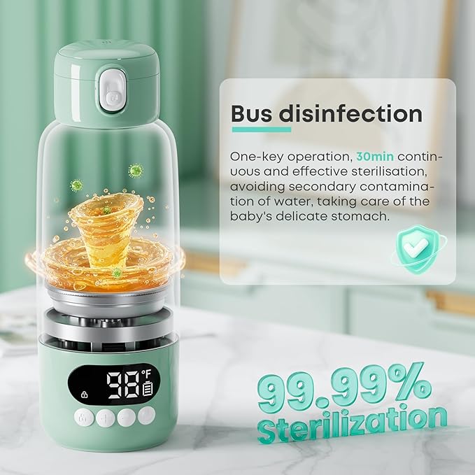 Portable Bottle Warmer for Travel, Fast Heating in 2 Mins, Dual Heating for Breastmilk & Water, Long Battery Life, 6 Temp Settings with Keep Warm, Built-in Sterilizer, 17oz (Green)