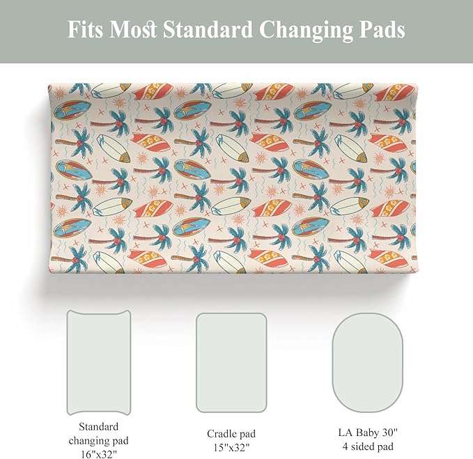 Retro Boho Surfing Changing Pad Covers for Baby Girls Boys Vintage Summer Surfboards Coconut Palm Trees Sun Fitted Change Table Pad Covers Mats Beach Life Soft Diaper Changing Pad Sheets 32''×16''