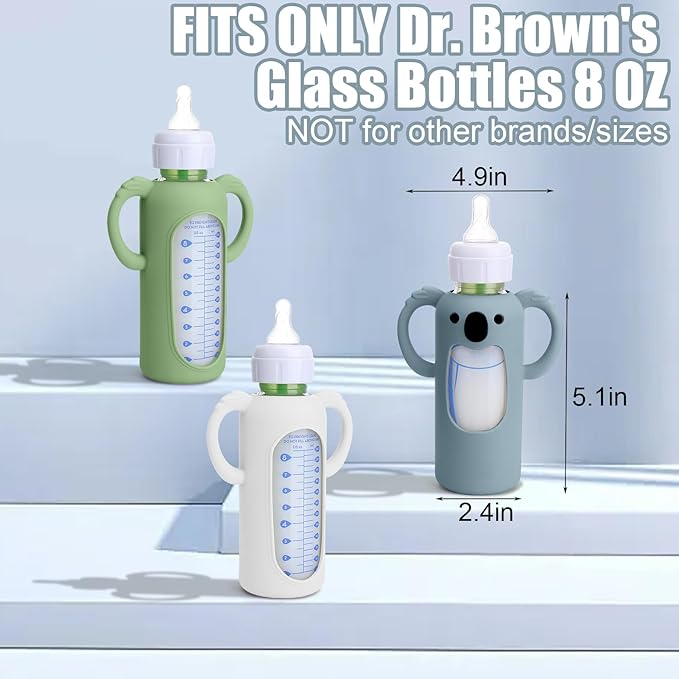 3 Pack Silicone Sleeves for Dr. Brown's Glass Bottles 8 OZ - Anti Breakage Baby Bottle Holder, Compatible with Dr. Brown's Glass Bottles for Babies with Handle (Other Products Cannot be adapted)
