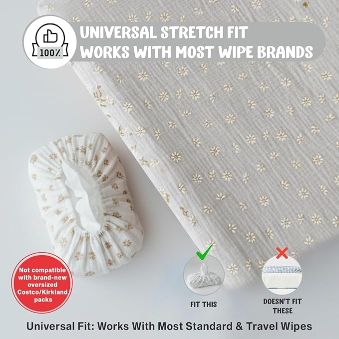Baby Wipes Cover – Universal Size, One Size Fits All Wipes Packages | Muslin Cotton Tissue Cover for Nursery, Diaper Bag & Changing Table, Station | Gingham & Neutral Patterns (Cream Daisy)