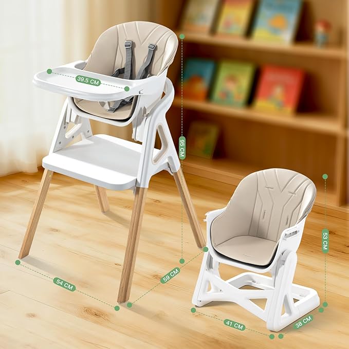 Baby High Chair, Babies and Toddlers Convertible Slim High Chair with 6 Growing Stages from Infant to Toddler Seating with Removable Tray, Easy to Clean,Beige Cushion