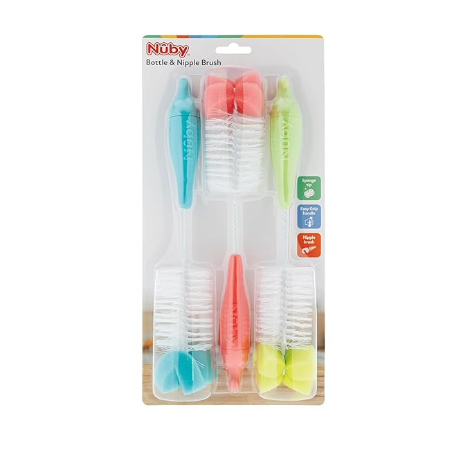 Nuby Bottle and Nipple Brush with Bristles and Sponge Tip | 3 Pack: Aqua, Coral, Lime Green| Hanging Handle with Hook for Drying