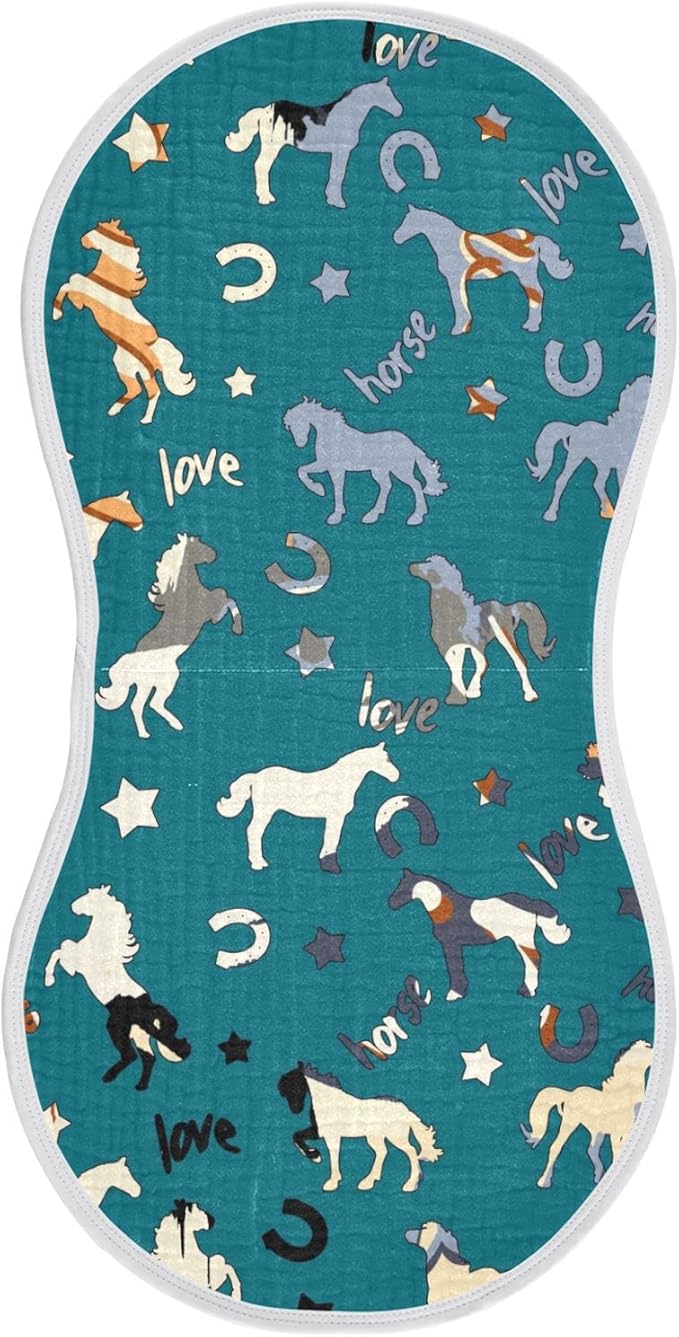 Horse Pattern Star Horseshoes Letter Muslin Burp Cloths for Baby 1 Pack 100% Cotton Baby Washcloths Bibs for Boy Girl