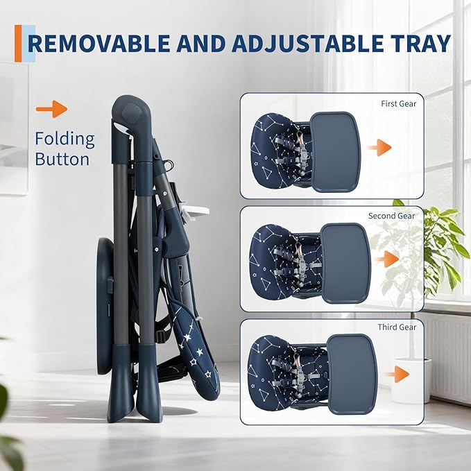 Baby High Chair, Foldable Feeding Chairs for Babies and Toddlers, Adjustable Height/Backrest/Footrest, Removable Tray, Fast Folding Blue
