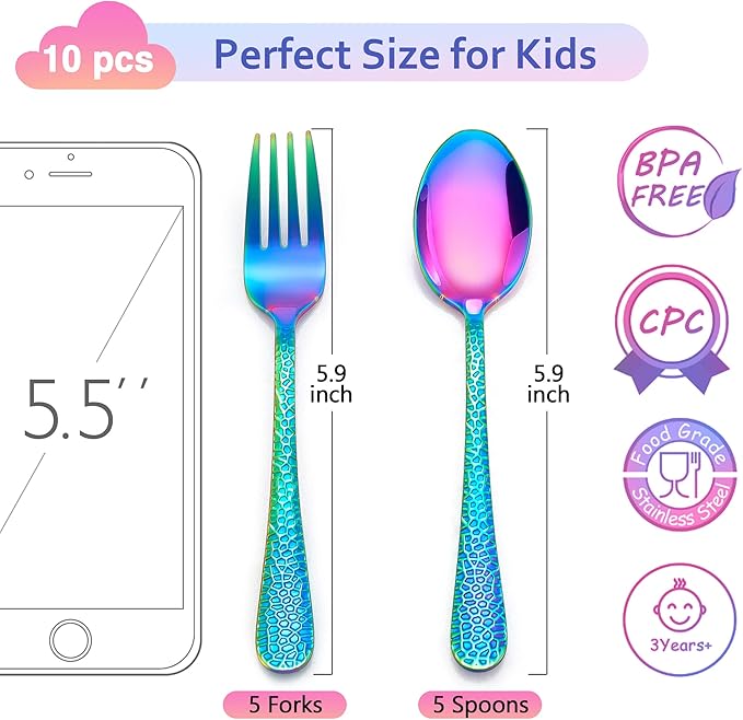 LIANYU 14-Piece Kids Silverware Set, Rainbow Toddler Utensils Flatware Set, Stainless Steel Child Preschooler Cutlery, Includes 7 Spoons and 7 Forks for Kids, Dishwasher Safe