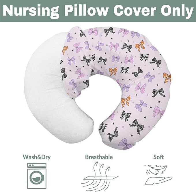 Pastel Halloween Bows Baby Nursing Pillow Covers for Boy Girl Spooky Sweet Bows Stars Nursery Pillowcase for Breastfeeding Pillows Cute Girly Ribbons Soft Stretchy Slipcovers for Newborn Infant