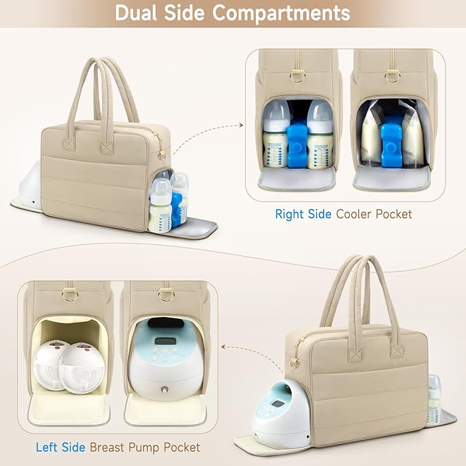 Breast Pump Bag with Insulated Breast Milk Cooler Pocket, Fits Spectra S1/S2 & Most Pumps, Water‑Resistant Work & Travel Tote with 15.6" Laptop Sleeve, Stroller Straps, Luggage Sleeve & Ice Pack,Camel