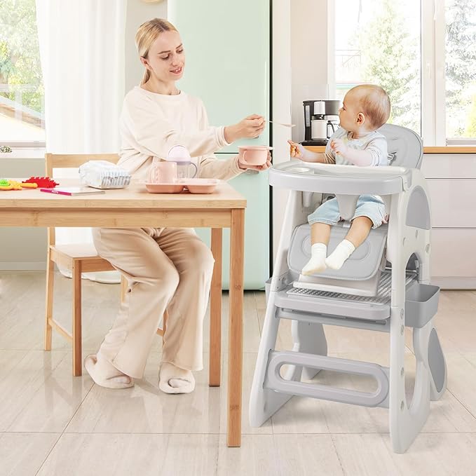 BABY JOY Baby High Chair, 8 in 1 Convertible High Chairs for Babies and Toddlers, Building Block Table and Chair Set, Adjustable Backrest, Removable Double Tray, Storage Boxes, Safety Harness (Gray)