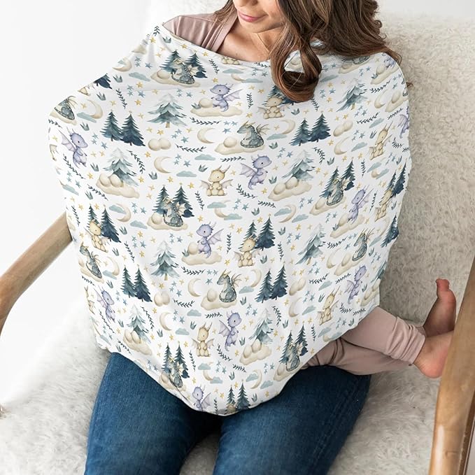 Fairytale Dragons Car Seat Cover for Babies Cute Dragon Moon Stars Clouds Trees Eggs Stretchy 5-in-1 Cover Adjustable Car Canopy Breastfeeding Cover Fantasy Animal Breathable Nursing Cover-Up