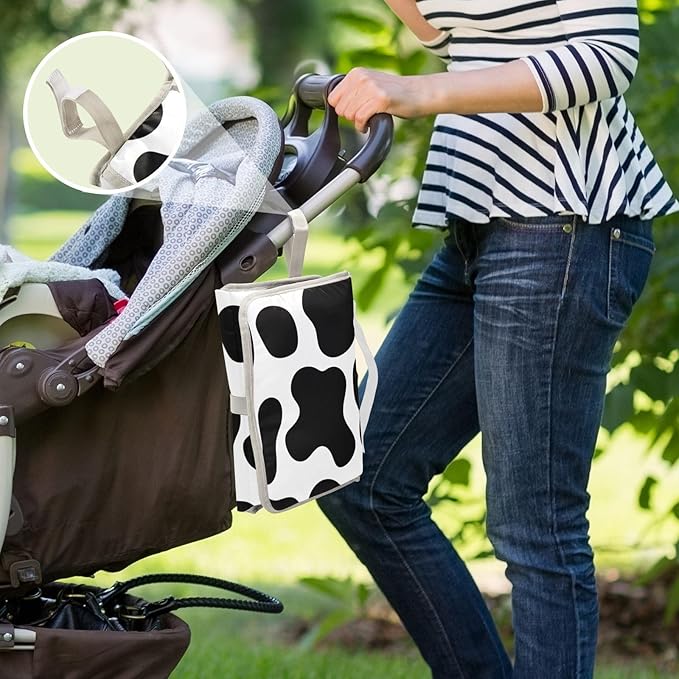 Portable Diaper Changing Pad Travel Baby Changing Mat Waterproof Diaper Changing Mat Foldable Lightweight Baby Changer with Built-in Pillow Cow Print Black and White