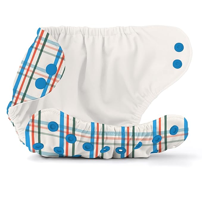 Esembly Cloth Diaper Cover - Reusable Swim Diaper, Waterproof, Breathable - Adjustable Outer Layer Over Absorbent Inner for Blowout Protection - Plaid, Size 2 (18-35lbs)
