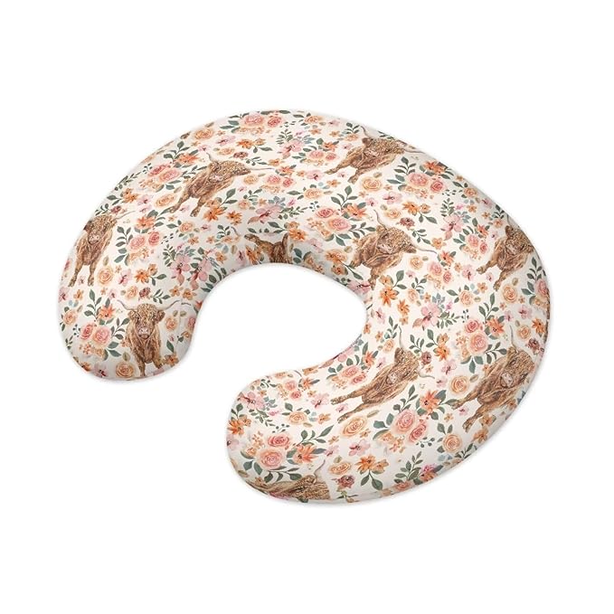 Baby Nursing Pillow Cover Cow and Flowers Breastfeeding Pillow Cover Boys Girls Nursing Pillow Case for Newborn, Soft Fabric Fits Snug On Infant
