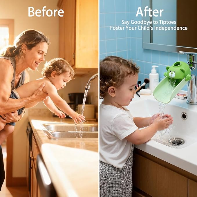 Faucet Extender for Toddlers with Temperature Sensor, Sink Extender for Kids Hand Washing, Fits Most Standard Bathroom Kitchen Faucets (Not for Pull-Out or Extra Wide), Cute Bear Design