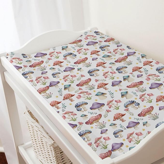 Watercolor Mushroom Baby Changing Pad Covers Colorful Mushroom Floral Leaves Baby Diaper Change Table Sheets for Boy Girl Fantasy Mushrooms Soft Breathable Stretch Changing Pad Table Mats 32''x16''