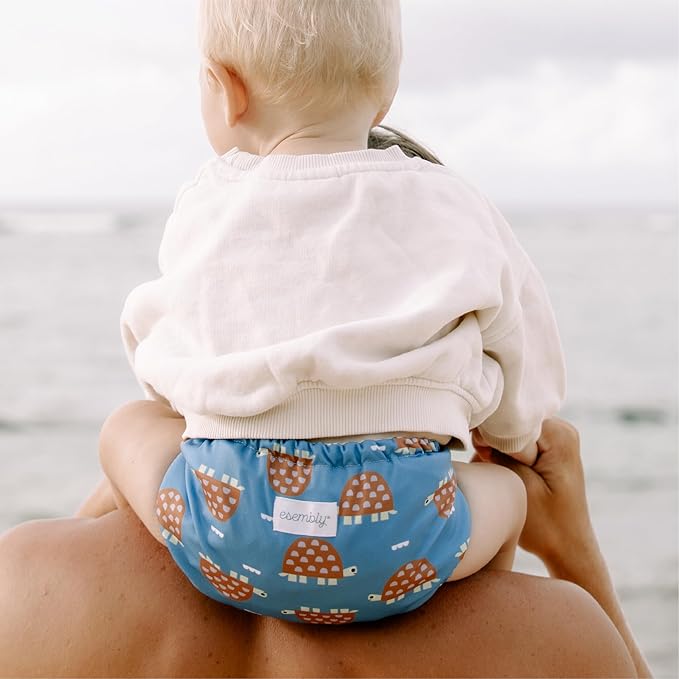 Esembly Cloth Diaper Cover - Reusable Swim Diaper, Waterproof, Breathable - Adjustable Outer Layer Over Absorbent Inner for Blowout Protection - Turtles, Size 1 (7-17lbs)