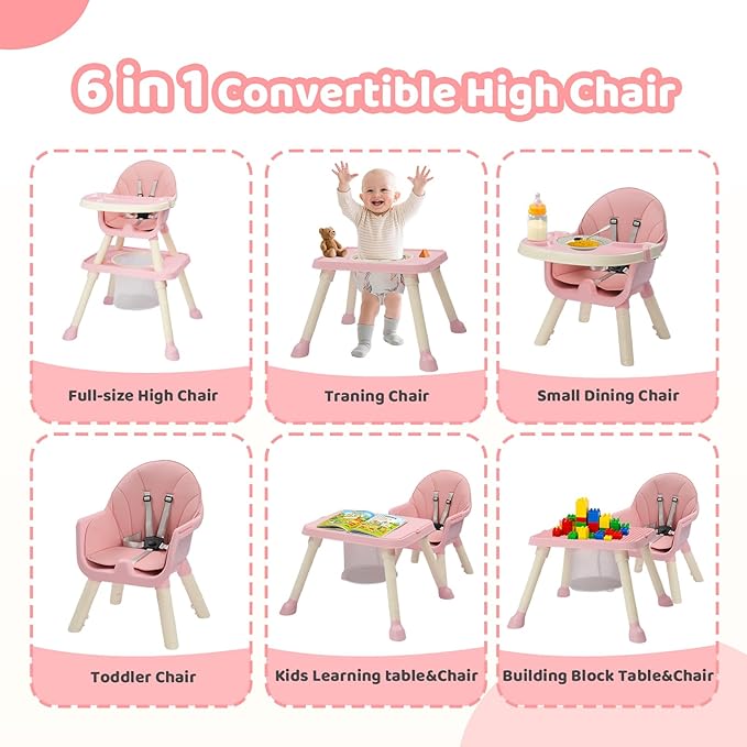 JOYMOR 7 in 1 High Chair for Babies and Toddlers, Convertible Kids Learning Table and Chair with Large Baske for Storage (Pink)