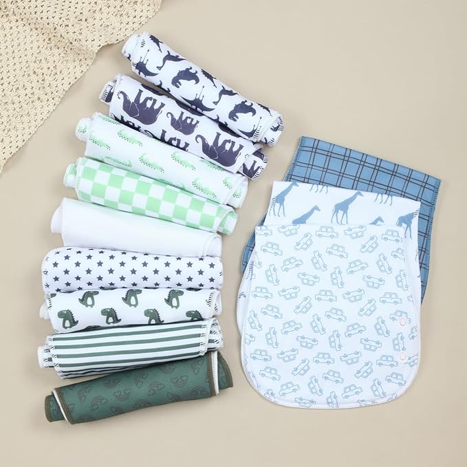 Baby Burp Cloths with Snap Design 3 Layers Thicken Cotton Absorbent and Soft Spit Up Burping Rags Set for Newborn,12-Pack