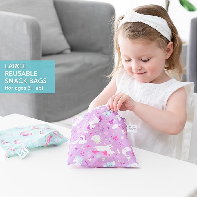 Bumkins Ruffle Apron Bib and 2-pack Sandwich Bags, Waterproof Fabric, Unicorns & Rainbows