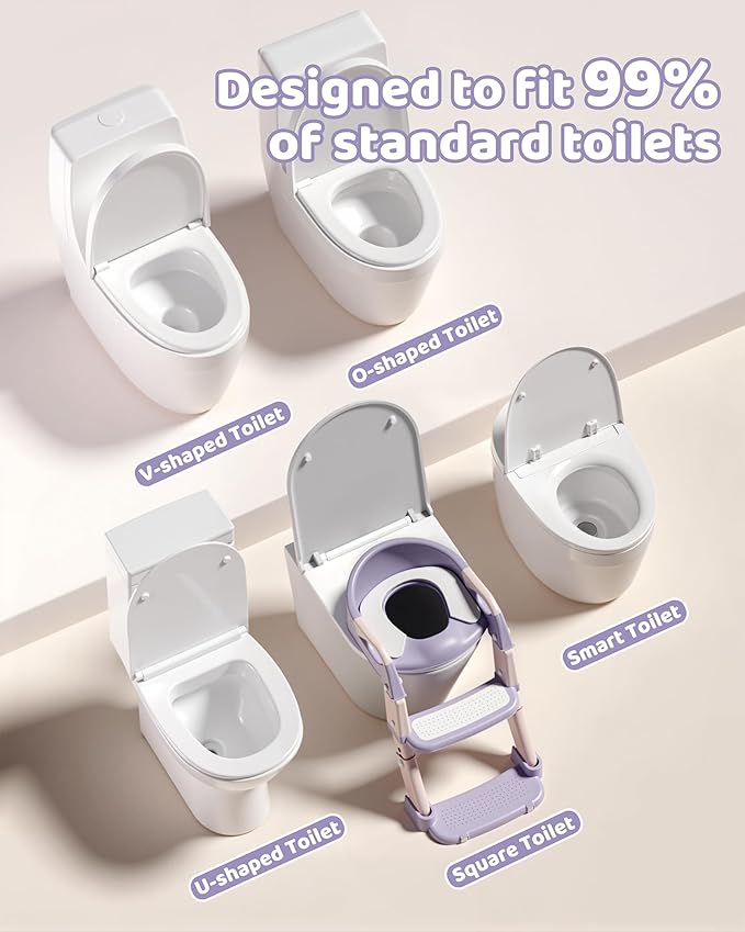3-in-1 Potty Training Seat & Training Toilet & Potty Chair, Height AdjustableToddler Toilet Seat for Kids, Foldable Potty Training Toilet with Splash Guard & Anti-Slip Steps (Purple)