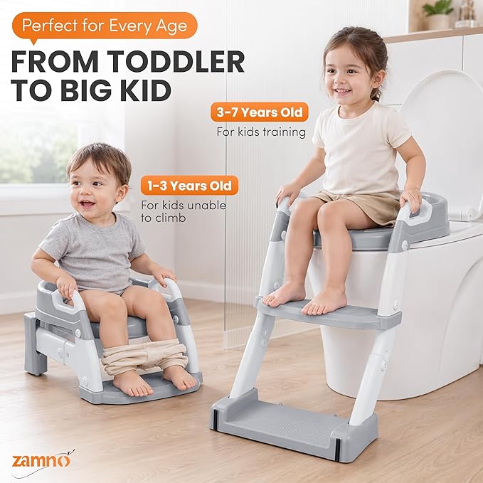 Upgraded Potty Training Seat with Step Stool Ladder – 6-in-1 Foldable Toddler Toilet Seat with Adjustable Height, Anti-Slip Steps & Detachable Bowl for Boys & Girls Ages 1-7 (Gray & White)