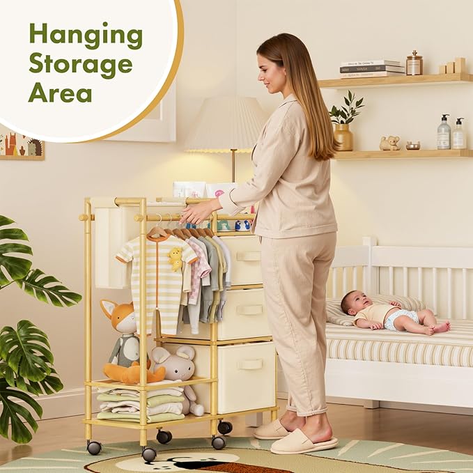 Solid Bamboo Baby Diaper Caddy Cart, Diaper Cart Organizer with Wheels, Mobile Multi-Functional Small Baby Care Station, Store All baby Supplies，for Nursery, Changing Table and Crib