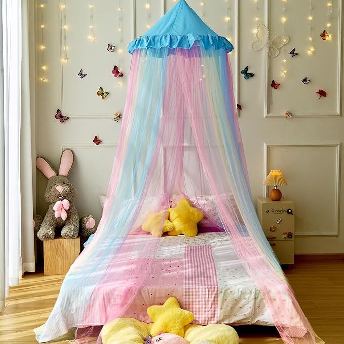 Blue Rainbow Bed Canopy Twin Size Breathable Canopy Bed Curtain for Bed,Princess Play Tent for Girls Bedroom Decoration Reading Nook