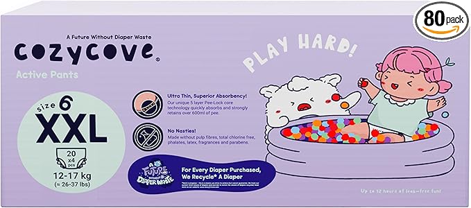 Cozycove Size 6 XXL (26-37 lbs) Pull Up Training Pants | Totally Chlorine Free, Fragrance Free, Wetness Indicator | Play Hard Slim Active Pants | 80 Count (4 Bags of 20)