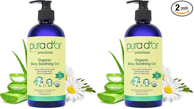 PURA D'OR 16 Oz ORGANIC Baby Soothing Gel For Sensitive Skin - Diaper Rash & Irritation Relief with Aloe Vera, Tamanu Oil, Chamomile, Jojoba, & Almond Oil (Pack of 2)