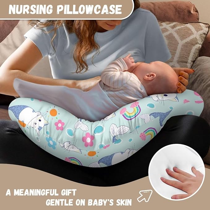 Light Blue Nursing Pillow Cover Stretchy and Soft Nursing Cover for Breastfeeding Pillows,Cute Cat-Fish Pillow Slipcover for Baby Girls Boys Newborn Rainbow (Cover Only)