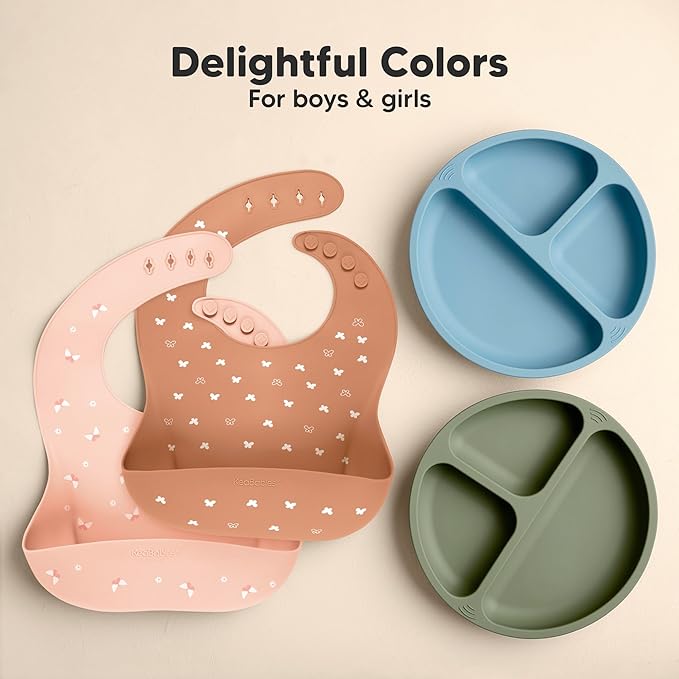 KeaBabies 2-Pack Silicone Bibs for Babies, Toddlers Girl, Boy – Sturdy Food-Grade Baby Bibs for Eating, Large Food Catcher, Clean & Put On Easily, Waterproof Toddler Feeding Essentials (Butterflies)
