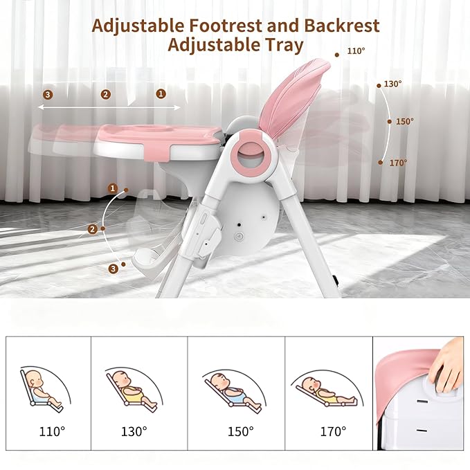 babimoni 4 in 1 High Chairs for Babies and Toddlers, Foldable Baby High Chairs, Feeding and Eating Seat Highchair with 4 Levels of Recline and 7 Levels of Height Adjustment, Pink