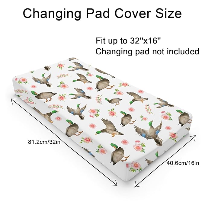 Hunting Wild Duck Boho Floral Baby Changing Pad Cover for Boy Girl 32''x16'' Mallard Duck Flowers Unisex Fitted Diaper Change Table Sheets Comfort Soft Breathable Nursery Changing Table Sheets Mats