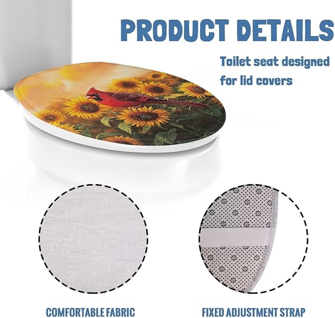 Cardinal Bird with Sunflower Toilet LId Cover Elastic Bottom Soft and Breathable Seat Covers Toilet Seat Cover Set Washable Reusable Toilet Seat Lid Cover