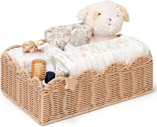 Wicker Diaper Caddy Organizer, Nursery Storage Basket for Diapers and Baby Wipes, Baby Essentials Organizer for Changing Table, Splinter Free Rattan Style (Natural, L)