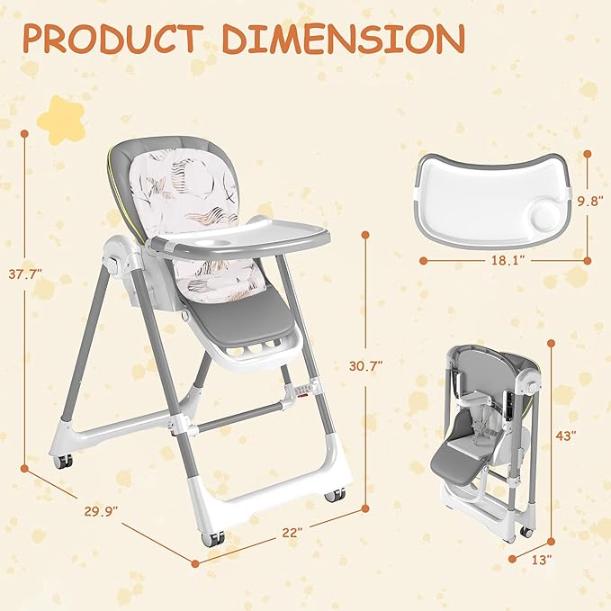 High Chairs for Babies and Toddlers, Foldable High Chair with Lockable Wheels, 4-in-1 Convertible, Adjustable Reclining Seat with Leg Rest & 5-Point Harness, Soft Cushion, Portable When Folded, Gray