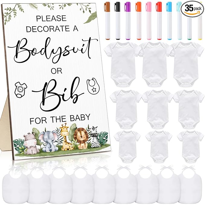 Roowest 35 Pcs Baby Shower Bibs Games Design Wooden Baby Shower Party Game Sign DIY Bodysuit Sign 15 White Blank Bibs 9 Bodysuit 10 Markers for Party Supplies(Jungle)