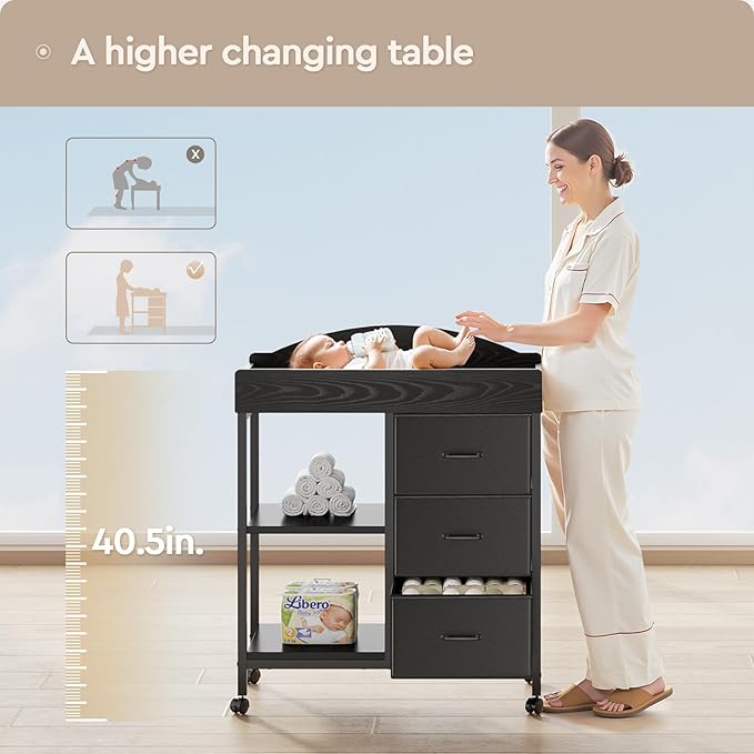 YeTom Changing Table Dresser, Baby Dresser with 3 Fabric Drawers and 2 Shelves, Multi-Functional Baby Changing Table with Pad, Classic Nursery Dresser, Diaper Changing Station for Nursery, Black