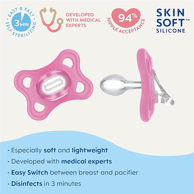 MAM Easy Start Anti-Colic 5oz Slow Flow Breastfeeding-Like Silicone Nipple Baby Bottle Reduces Gas & Reflux, MAM Comfort 100% Silicone Pacifier Girl 0-3 Months 2 Count