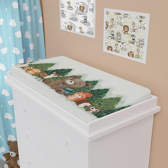 Cute Animals Green Pine Trees Baby Changing Pad Covers Bear Raccoon Squirrel Deer Rabbit Hedgehog Owl Diaper Change Table Cover Sheets for Boys Girls Soft Stretch Changing Table Mats 32''x16''