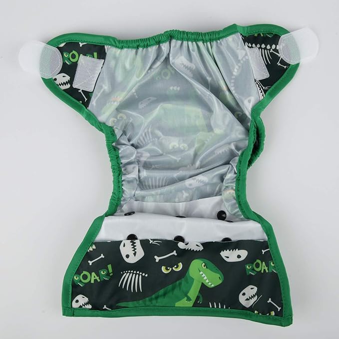 Baby Cloth Diaper Cover Nappy Hook and Loop Double Gusset for Boys (Green Dinosaurs) One Size
