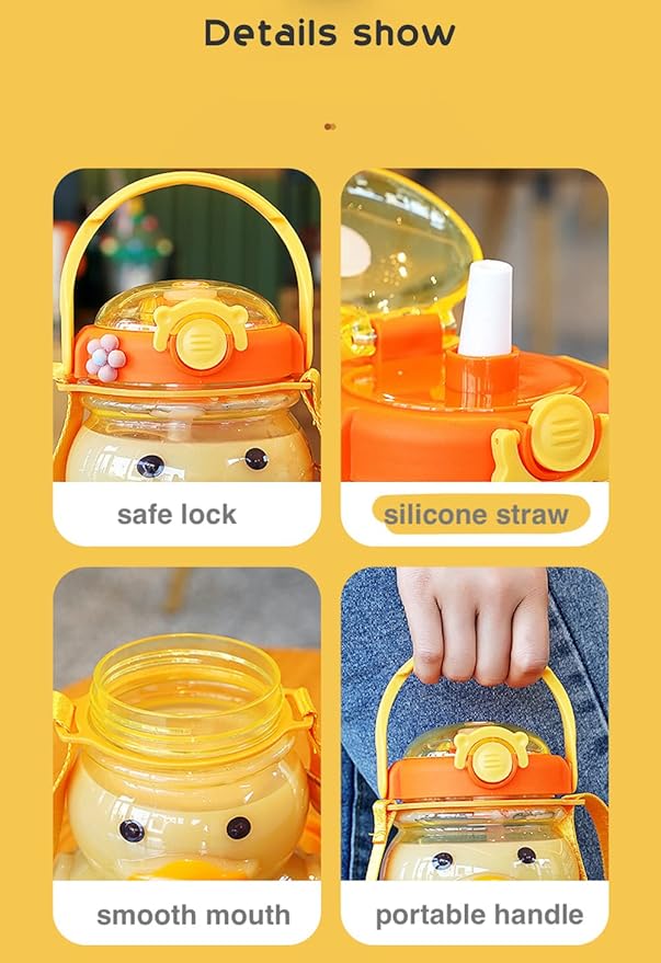 Large Cute Duck Water Bottle with Straw and Strap 34oz Kawaii Duck Water Bottle with 3D Stickers for Kids Toddler Girls School Sports Travel Leakproof Portable Handle Hot and Cold Bottles (Yellow)