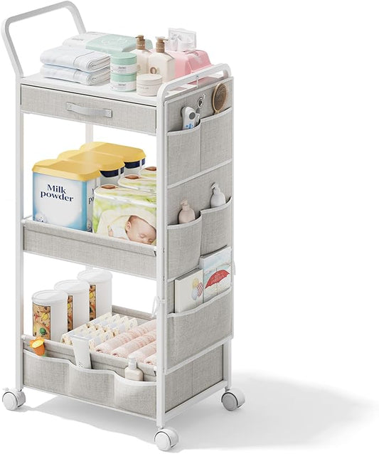 BBLIKE 3-Tier Diaper Caddy Organizer - Rolling Utility Baby Cart with Drawer and Side Pockets for Nursery and Baby Essentials, Multi-Function Cart for Bedroom and Bathroom, White