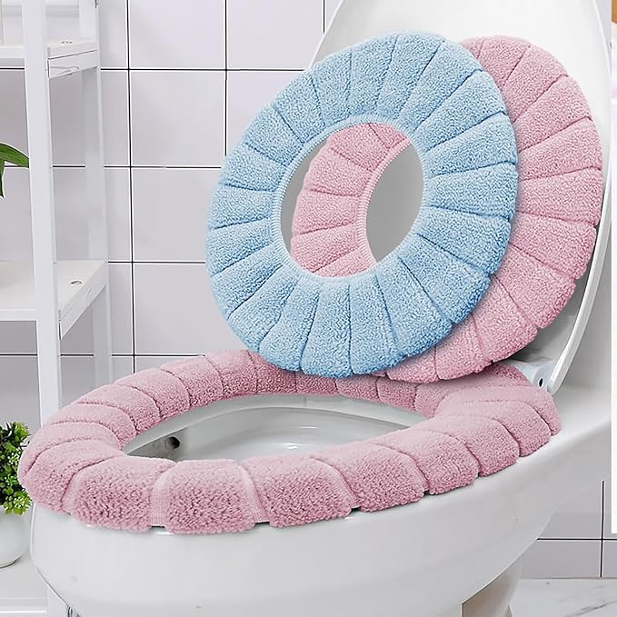 2 PCS Soft Thicker Plush Bathroom Toilet Seat Cover Pads Stretchable Washable Cloth Design for Universal Fit O/U/V/Rectangular Toilets (Lavender)