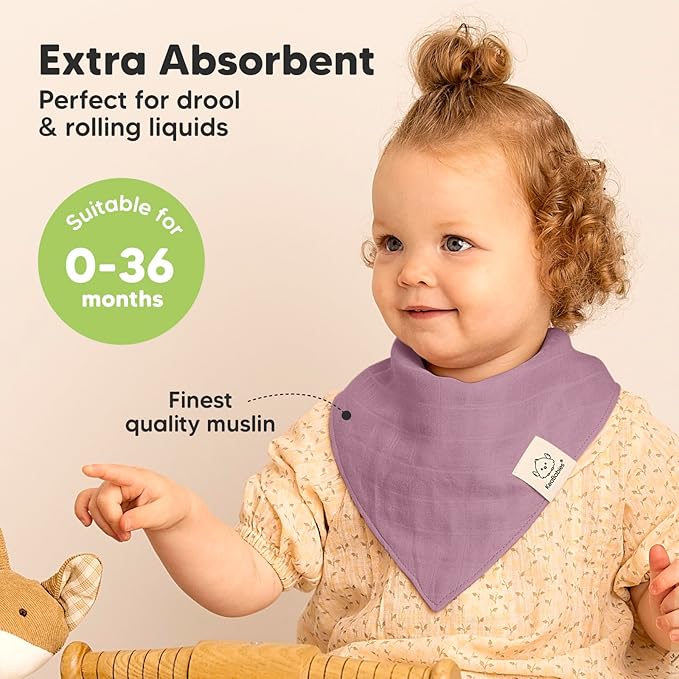 8-Pack Muslin Baby Bibs for Boys, Girls - Muslin Bandana Drool Bibs for Baby Girl & Boy, Drooling Newborn, Teething Toddler, Infant 0-36 Months, Soft Cotton Extra Absorbent (Lavender)