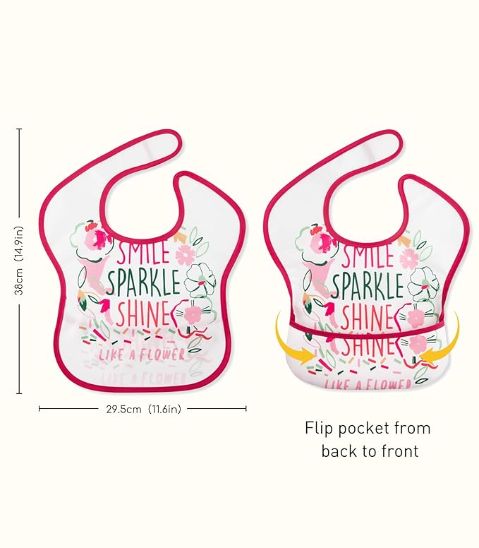 3-Pack Waterproof Baby Bibs for Eating - Mess Proof Lightweight Toddler Feeding Bibs with Large Food Catcher, Food-Grade Baby Eating Essentials, Easy to Put On & Clean(Pink Floral)