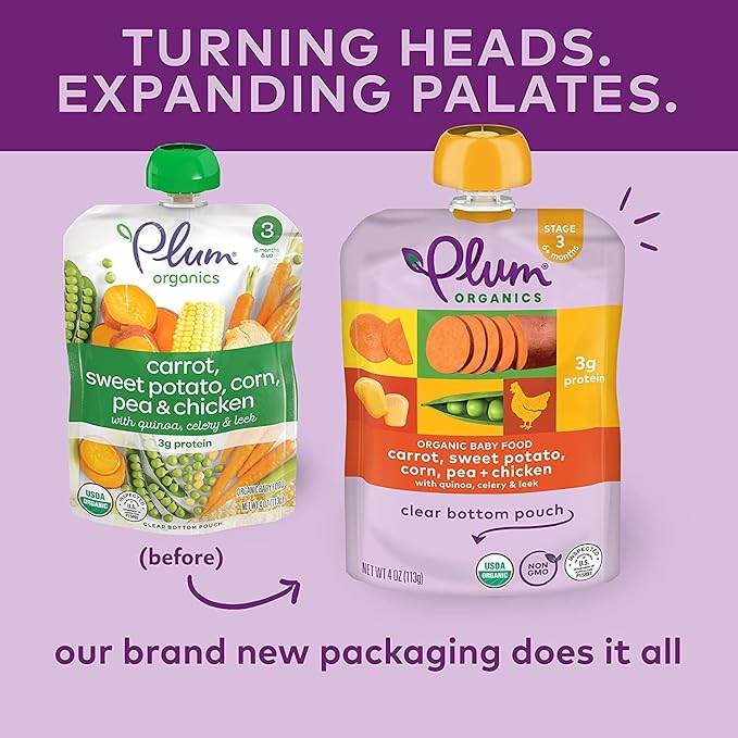 Plum Organics Stage 3 Organic Baby Food - Carrot, Sweet Potato, Corn, Pea, and Chicken - 4 oz Pouch - Organic Baby Food Pouch