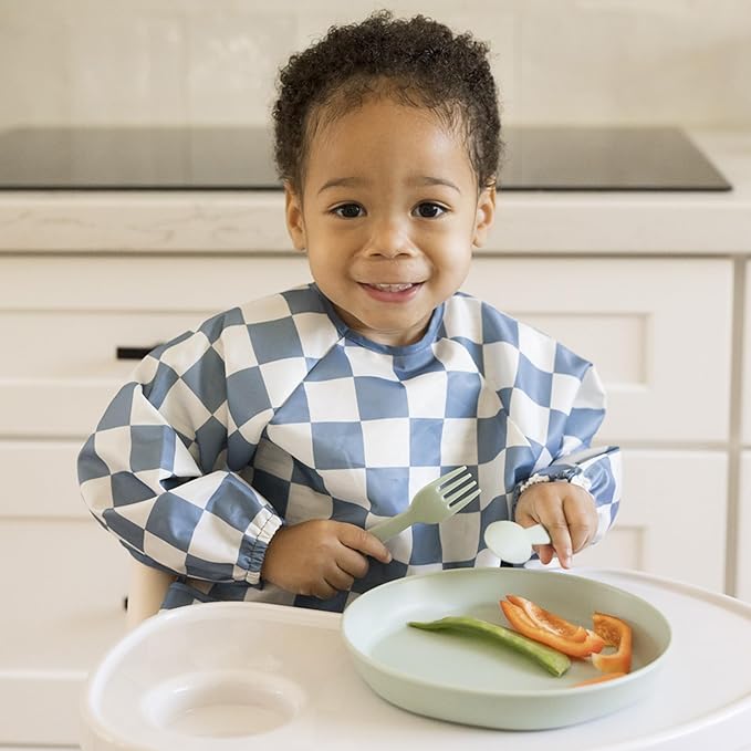 Tiny Twinkle Long Sleeve Bib for Babies & Toddlers |2-Pack Waterproof Smock Bib for Eating | Machine Washable and Mess-Proof Feeding Essentials | Newborn Shower Gift (Black, Blue Checkers, 6-24M)