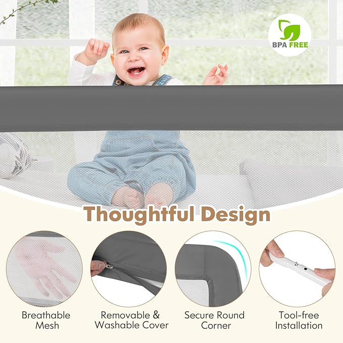 Costzon Bed Rail for Toddlers, 2 PCS Extra Long Swing Down Safety Bed Guards w/Straps for Convertible Crib, Kids Twin, Double, Full Size, Queen & King Bed, Folding Bed Rails for Baby (71-Inch, Gray)